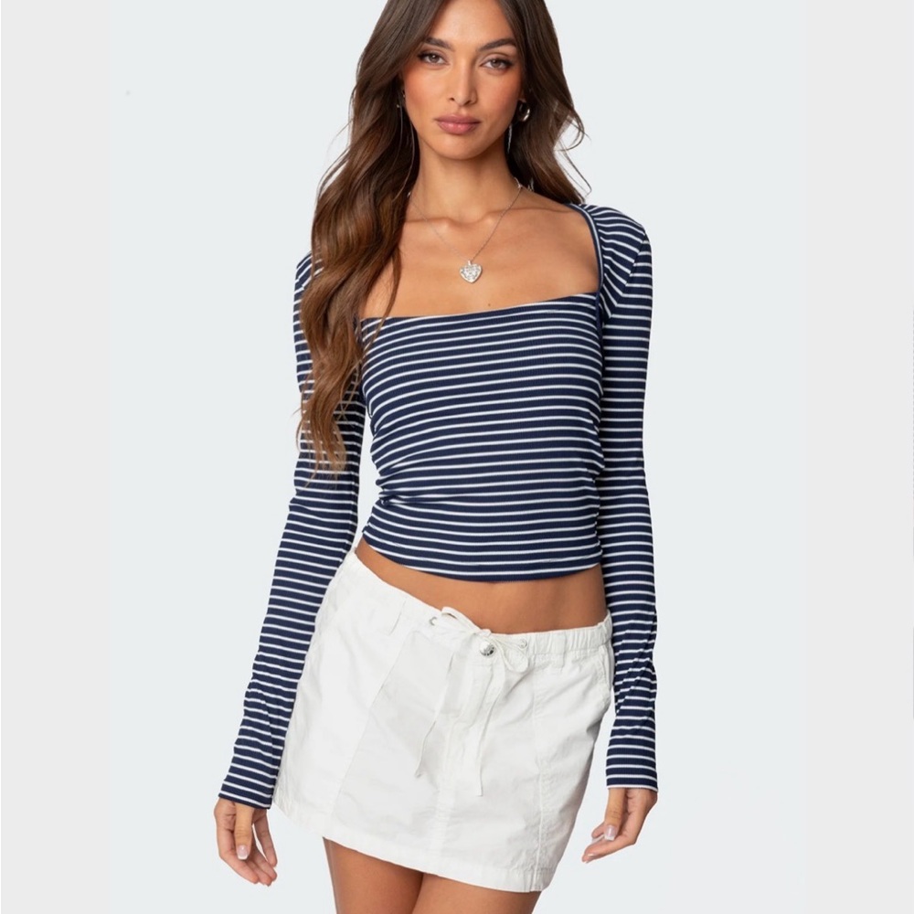 Edikted Navy and White Striped Square-Neck Long Sleeve Top NWT